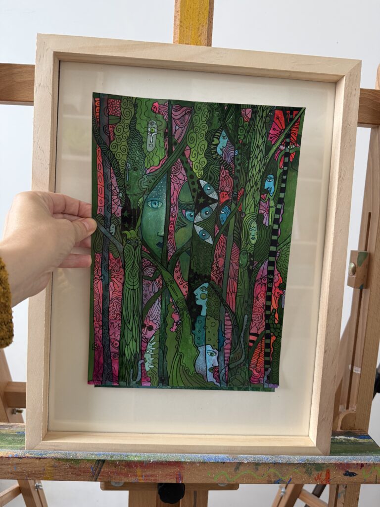 Obraz akrylowy na papierze, surrealizm, psychodeliczny las